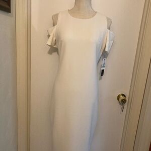 Nicole Miller N.Y. Cold Shoulder Elegant Cream Color Midi Dress